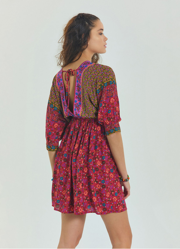 V Neck Elastic Waist Backless Red Floral Dress 4564